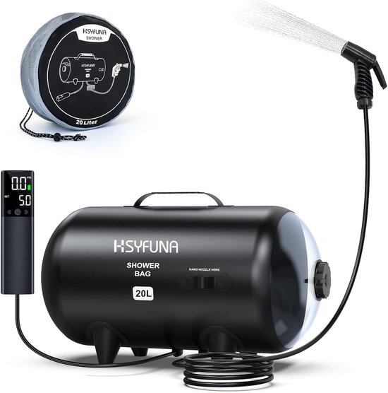 HSYFUNA Campingdouche, 20 liter met temperatuurweergave, zonnedouche, warm water 45°C, campingdouche voor outdoor, voor wandelen en klimmen