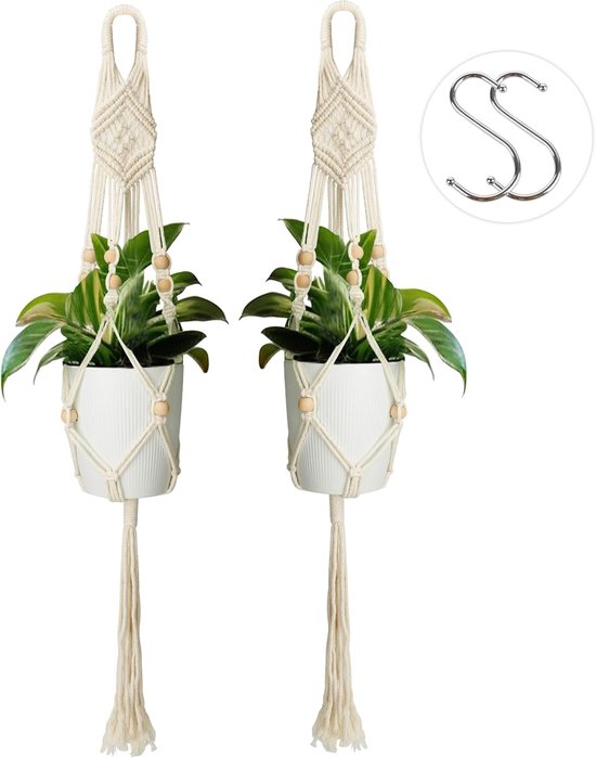 DONGKER Macramé plantenhanger, 3-/4-delige set, boho decoratief katoenen touw, bloempothouder, hanger voor binnen en buiten, plafond, balkon, wanddecoratie