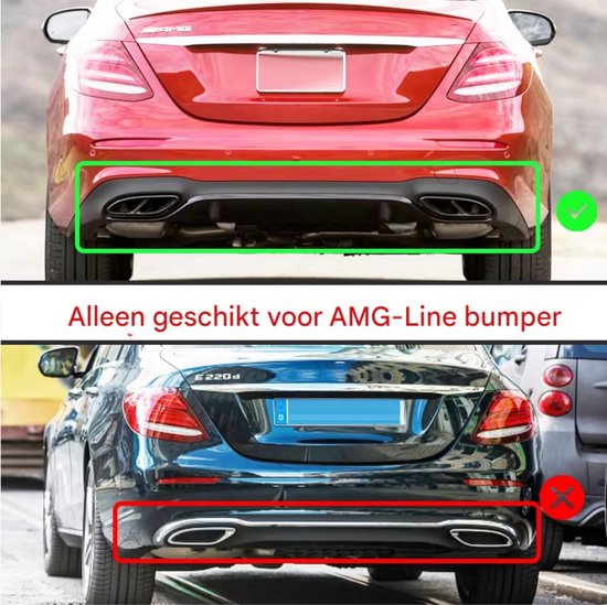 Afbeelding ter vergelijking: AMG-Line bumper (groen) versus standaard bumper (rood).