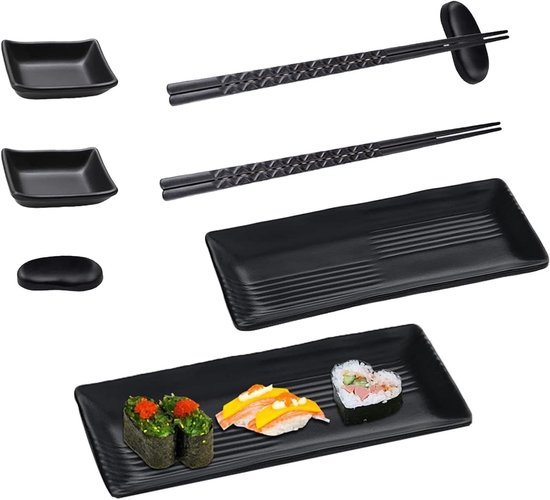 Set à Sushi Complet 10 Pièces Noir – 2 Assiettes, 2 Bols à Sauce, 4 Baguettes, 2 Repose-baguettes. En Mélamine Et Alliage. - 3