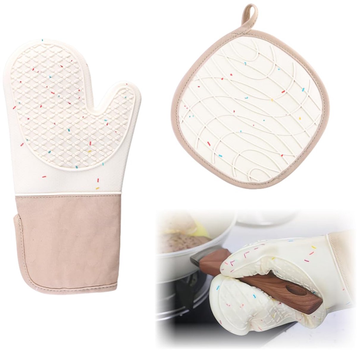 Set van 2 siliconen ovenwanten - hittebestendig - beige