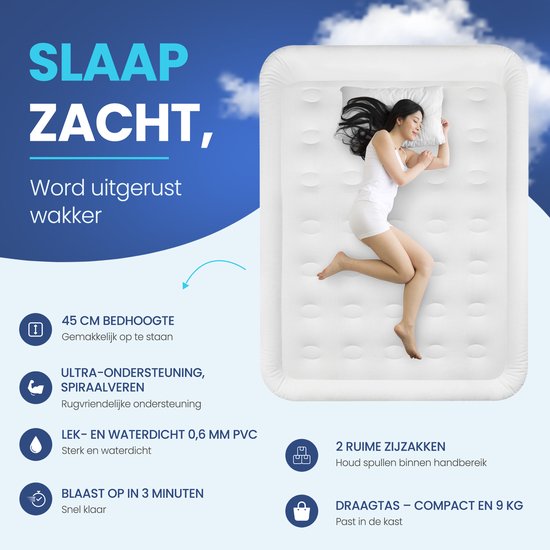 Vrouw die slaapt op een wit FLOAT luchtbed met 35 luchtbalgen, 45 cm hoog en lek- en waterdicht.