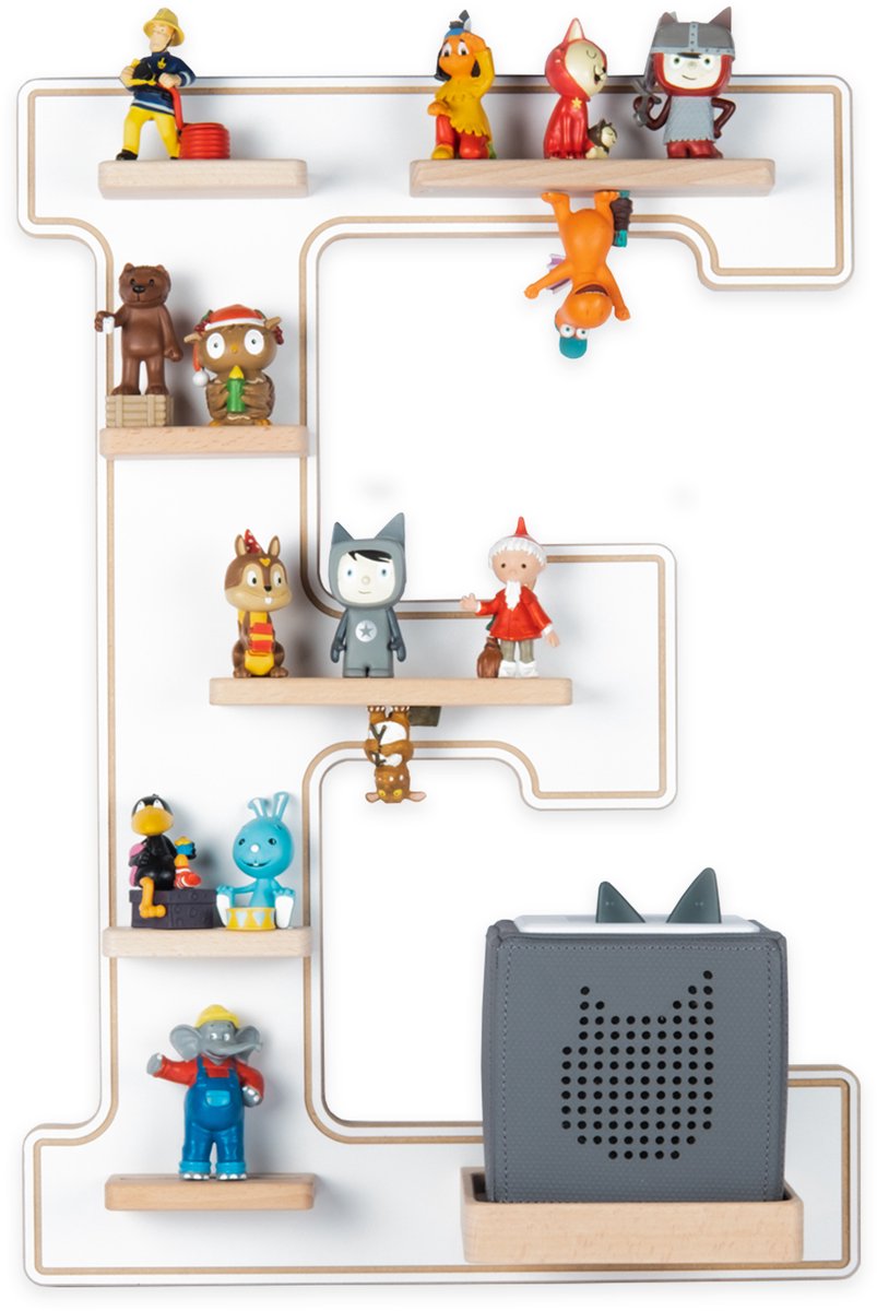 BOARTI Kinderregal Buchstabe E | hängend für Toniebox und Tonie Figuren | platzsparendes Regal | H. 54 x B. 38 x T. 19 | Wandregal Musikbox und Figuren Aufbewahrung Magneteinsätzen | Aufbewahrungsregal Holz