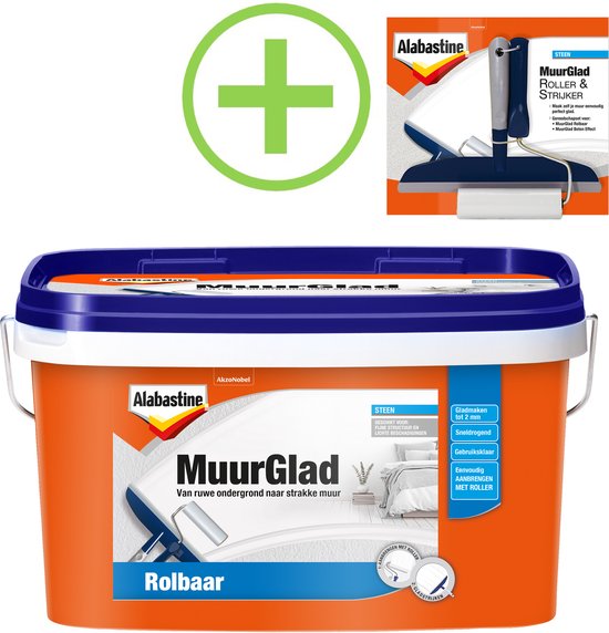 Alabastine - Alabastine - Pakket Muurglad Rolbaar - Wit - 2.5L + set ROLLER & STRIJKER