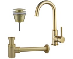 FugaFlow Eccelente Sobrado Badkamer Wastafelkraanset - hoge wastafelkraan - draaibare uitloop - klikwaste plug - verlaagde design sifon - PVD Geborsteld Messing