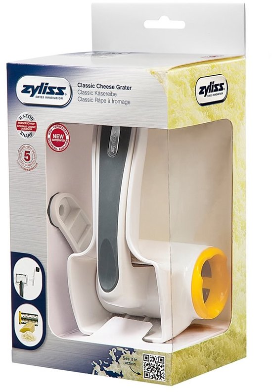 Verpakking van een Zyliss Classic kaasrasp. De rasp is wit met een gele opening en donkergrijs handvat.