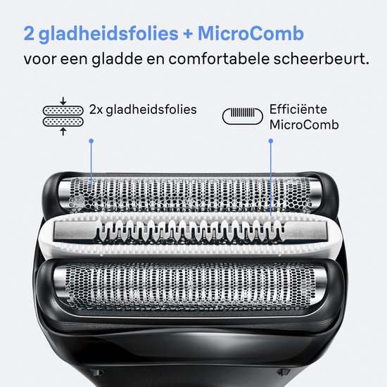 Detailopname van de scheerkoppen van een Braun scheerapparaat met "2 gladheidsfolies + MicroComb".