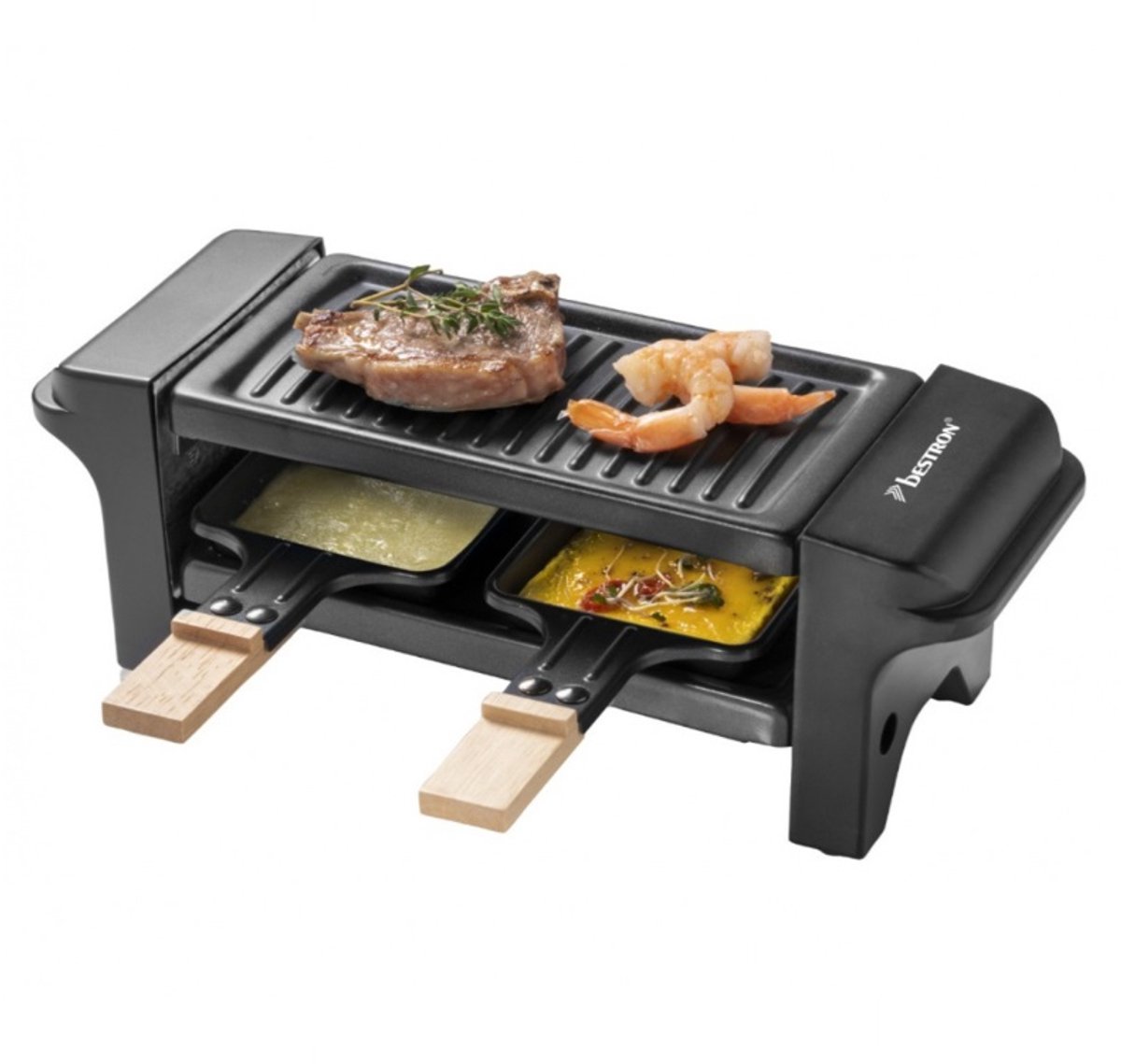 Bestron Mini Raclette, Gourmetstel voor 1 tot 2 personen, incl. 2 pannen, 2 houten spatels & 2 onderzetter, met antiaanbaklaag, 350W, kleur: zwaart/hout