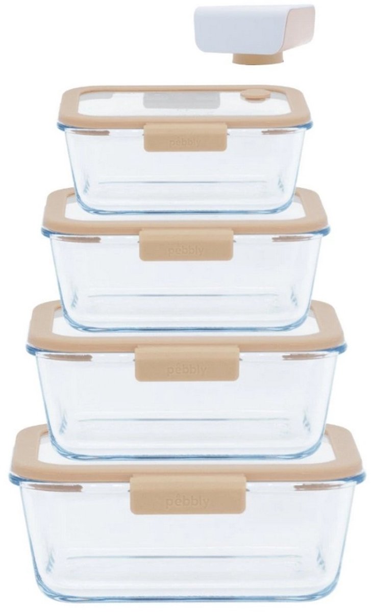 Pebbly - Vershouddoos met Glazen Vacuüm Deksel Inclusief Vacuümpomp 5-Delig - Borosilicaatglas - Transparant