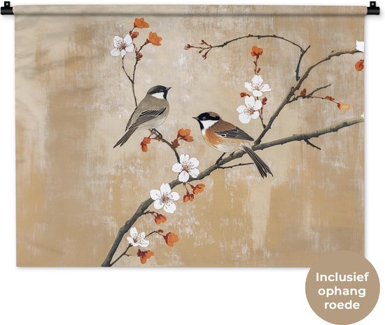 Wandkleed 90x67.5 cm - Wanddoek Vogels - Bloesemtak - Bloemen - Oranje - Wandtapijt - Wandkleden