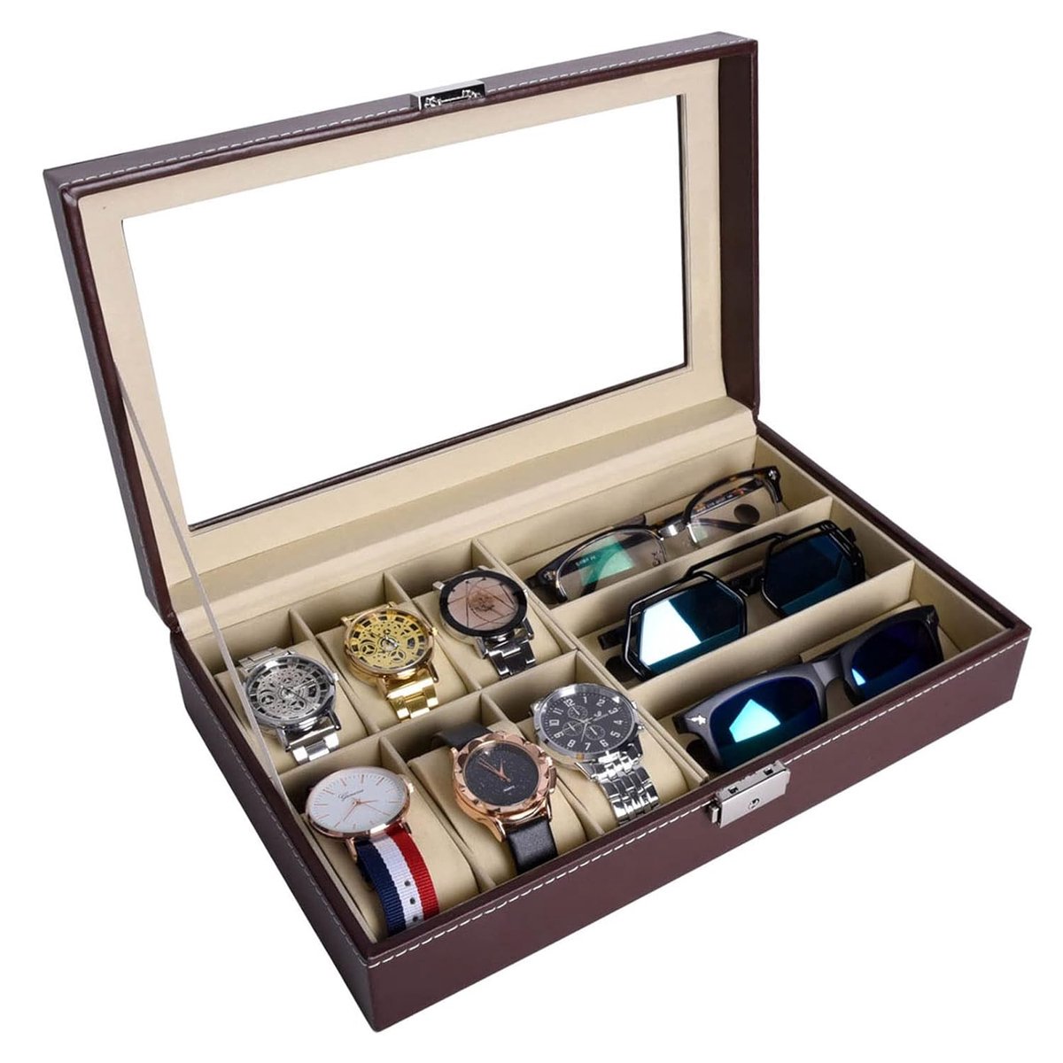 Lederen horloge- en brillendoos - stijlvolle opslag - 6 horloges en 3 brillen - bruin - leer