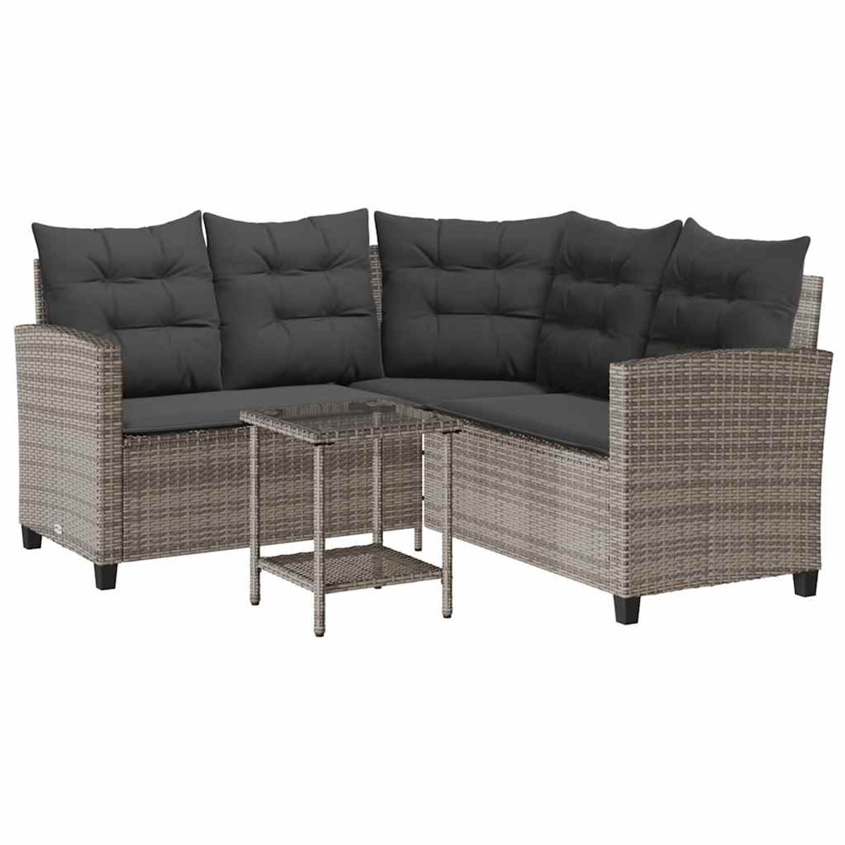 vidaXL - Tuinbank - met - tafel - en - kussens - L-vormig - poly - rattan - grijs