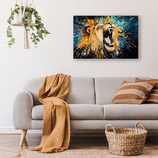 Kleurrijke leeuw met dynamiek - Leeuw glazen schilderij - Muurdecoratie glas dieren - Abstract expressionisme - Kunst op acrylaat - Klassiek schilderijen - acrylglas 105x70 cm