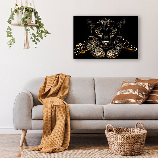 Panthère noire aux accents dorés - Peinture sur verre panthère - Peintures animalières - Hyperréalisme - Art sur plexiglas - Décoration de chambre - verre acrylique 120x80 cm