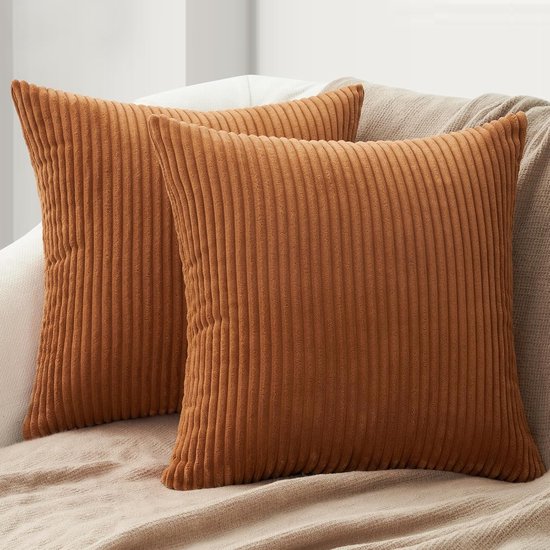 Corduroy Kussenhoes 45x45 Crème Set van 2 - Zachte Gestreepte Decoratieve Kussenhoezen