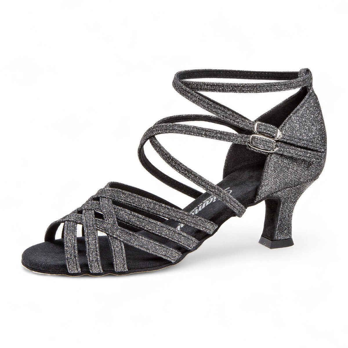 Diamant 108 - 036 - 519 - Latin dansschoenen voor smalle voeten - Zwart/Zilver Brokaat - 5 cm hak - Fexibele suede zool - Dubbele gespjes met druksluiting - Latin, Tango, Salsa, Kizomba, Bachata - Diamant - Zwart - Zilver - 43