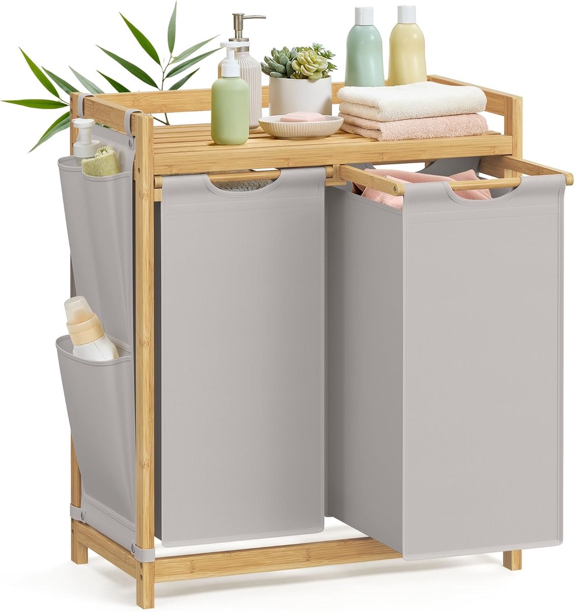 Furnstar wasmand - 2 vakken - Bamboe Wasverzamelaar - 100 l Wassorteerder met plank -Waszak - Kleine zijzakken - Wasrek - 2 x 50 l 63 x 33 x 78 cm - Grijs