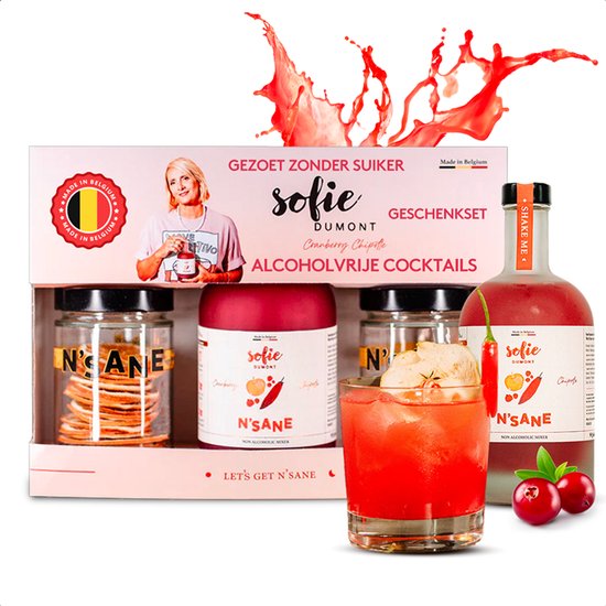 N’Sane x Sofie Dumont Geschenkset - Cocktail Mixer & Alcoholvrije Drank - Basis voor Cocktails en Mocktails - Cranberry en Chipotle Mixer 500ml, Glazen, Recepten, Chili Zout