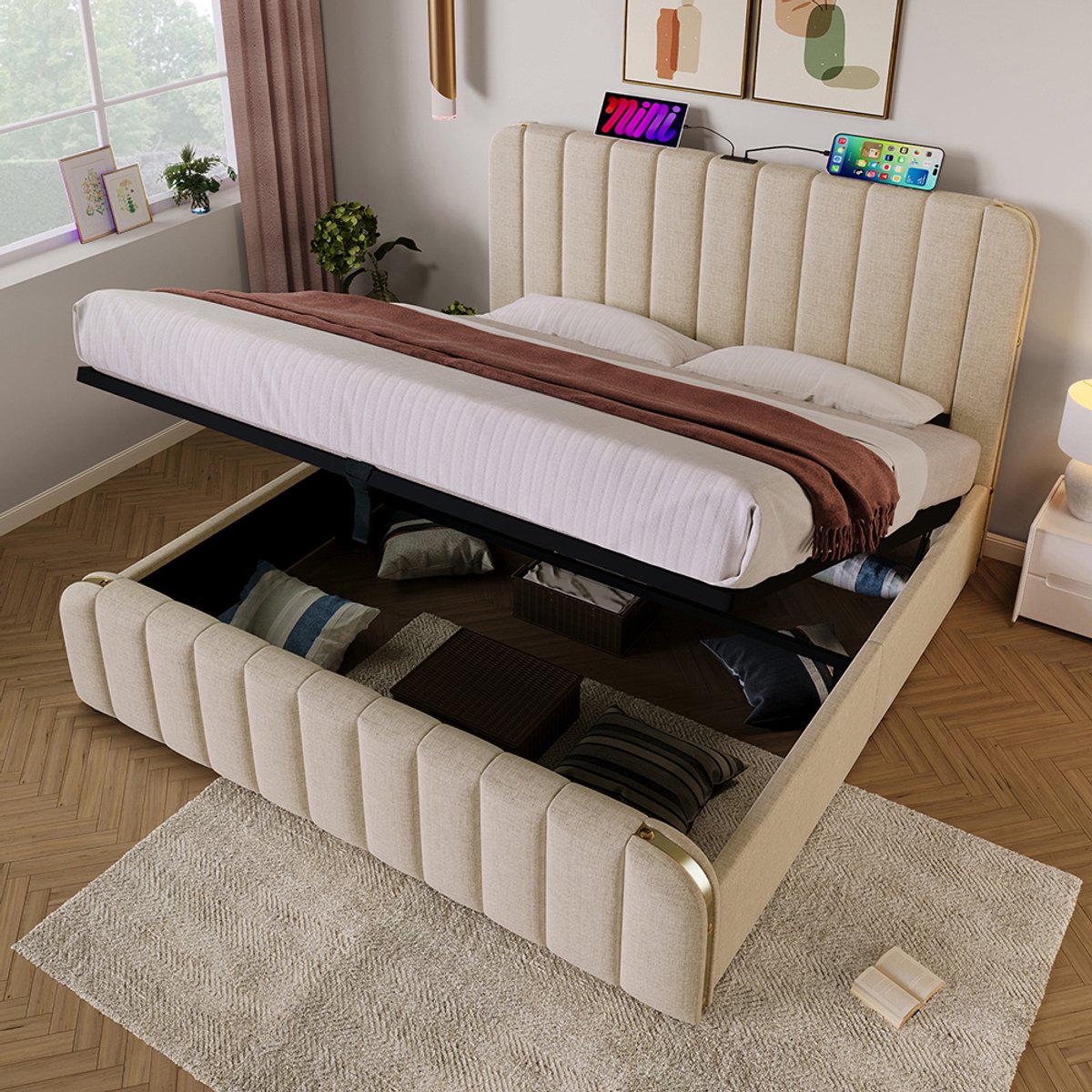 Pugsdrly Opbergbed Dubbel, gestoffeerd hoofdeinde met gouden sierstrepen en USB-type C-oplaadfunctie 180*200 cm, beige linnen materiaal Hydraulisch opbergbed, draagvermogen 226 kg (zonder matras)