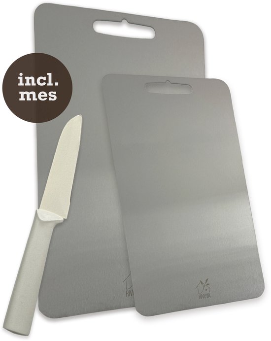 Planches à découper en titane (2 pièces) - Couteau inclus - Sans BPA et Antibacterieel - Évitez les microplastiques - Passe au lave-vaisselle - 29 x 20 cm et 25 x 15 cm
