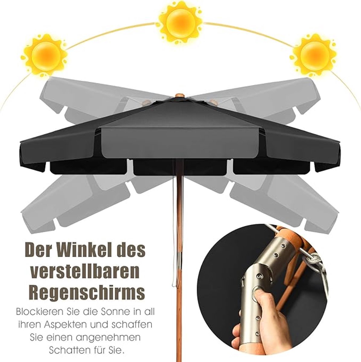 GOPLUS Houten Parasol 300 Cm - Knikbaar Tuin- En Terrasparasol Met UV 50+ Bescherming - 8 Ribben, Grijs/Beige