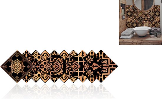 Verschillende zwarte met gouden ornamenten tegelstickers op een rij.