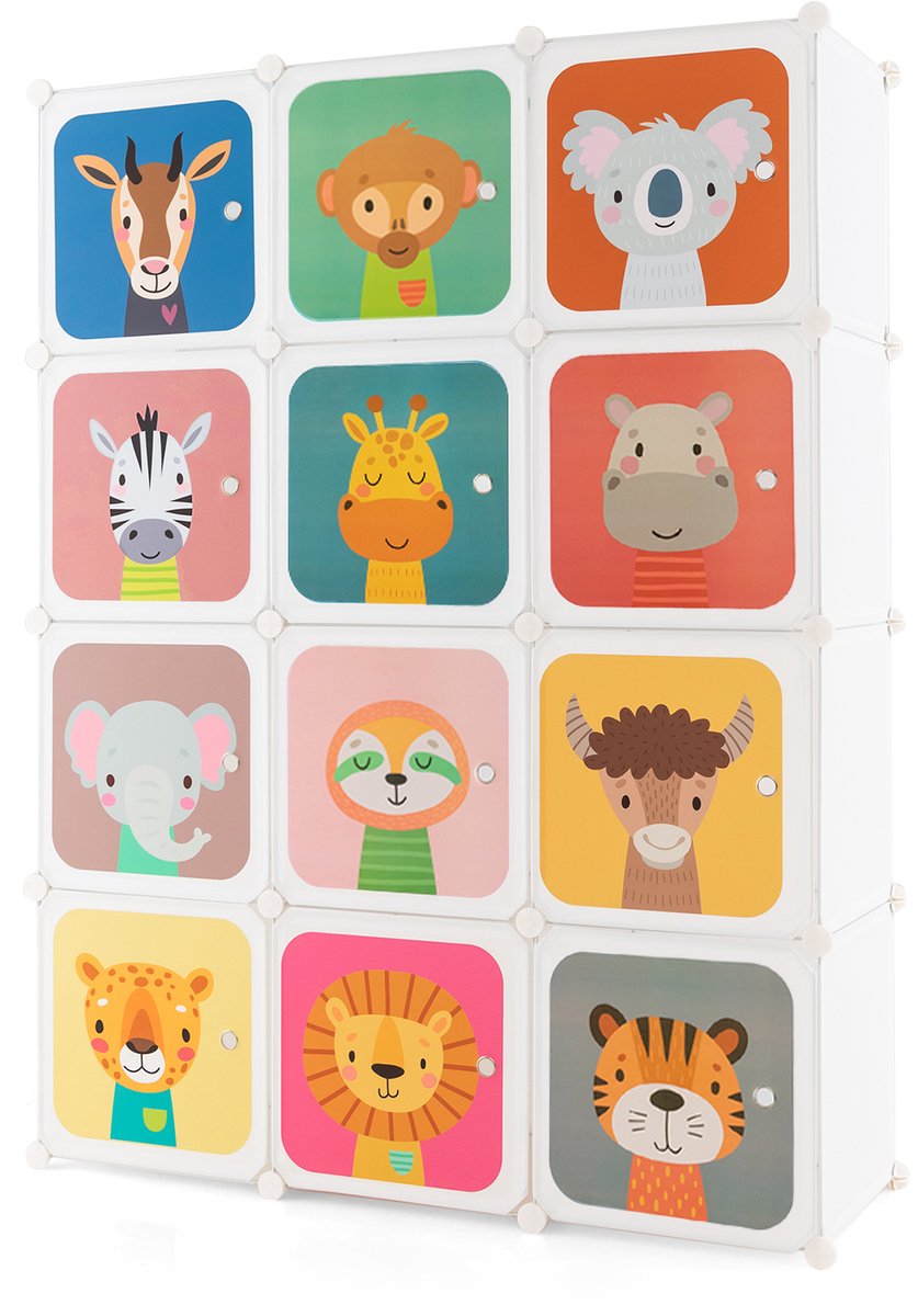 COSTWAY Kledingkast voor kinderen, reksysteem van kunststof met 12 kubussen, kinderrek uitbreidbaar met deuren en 2 hangers, opbergkast, steekrek voor kinderkamer, speelkamer (wit)