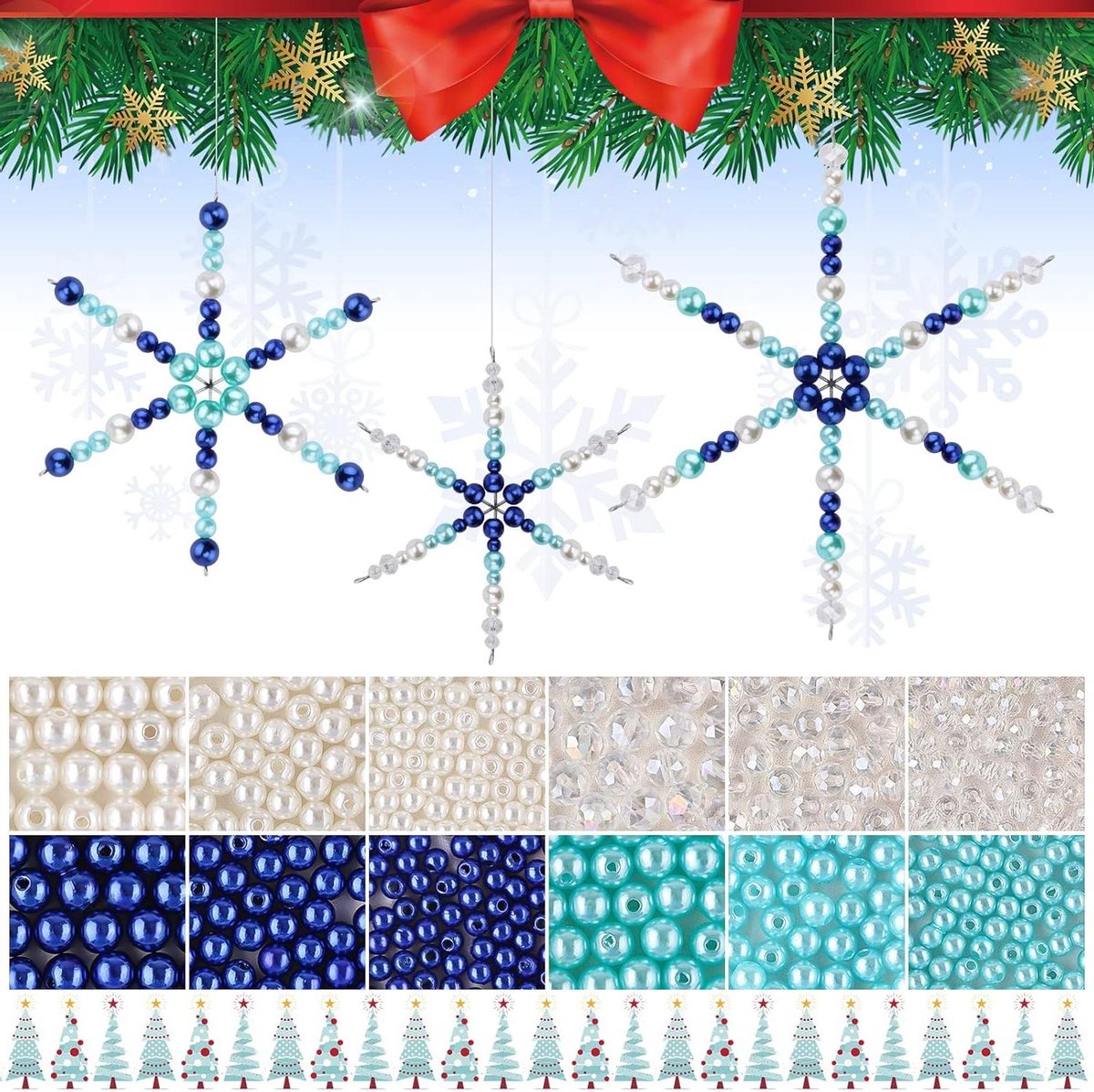 ByShane - Kerst Sneeuwvlok Ornament Kit - DIY Craft - Blauw en Wit - 1104 Stuks - Xmas Metalen Sneeuwvlok - 24 Stuks Metalen Draden - Handwerk voor Kerst - Parel Charm - 1080 Kralen