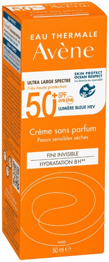 Avène zonnebrandcrème 50ml met doos, oranje verpakking, "Ultra Large Spectre, Très haute protection" en "Fini Invisible, Hydratation 8H".