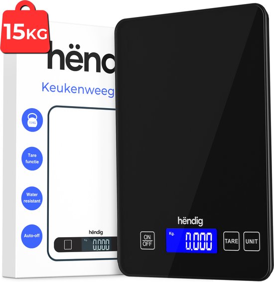 Balance de cuisine numérique Hëndig - 1 gr à 15 kg - Glas Zwart - Balance de cuisine de précision - Balance de Cuisine - Fonction tare - Inc. Batteries