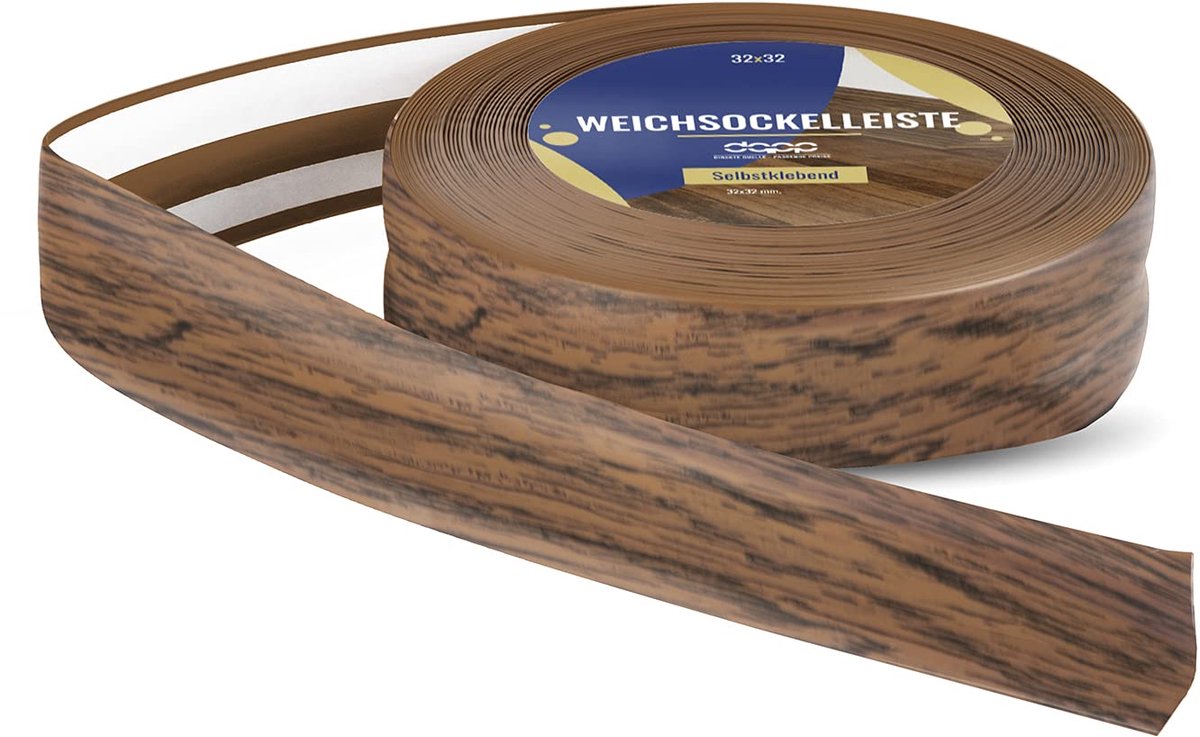 DQ-PP ZACHTE PLINT - 50 m (2xw5m) - Eiken Rustiek - 32 x 23 mm - PVC - zelfklevend - knikhoek plinten rubberen strip plint hoekprofiel afsluitstrip vloerlijst