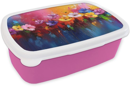 Broodtrommel Roze - Lunchbox Fantasiebloemen - Verf - Speels - Brooddoos 18x12x6 cm - Brood lunch box - Broodtrommels voor kinderen en volwassenen