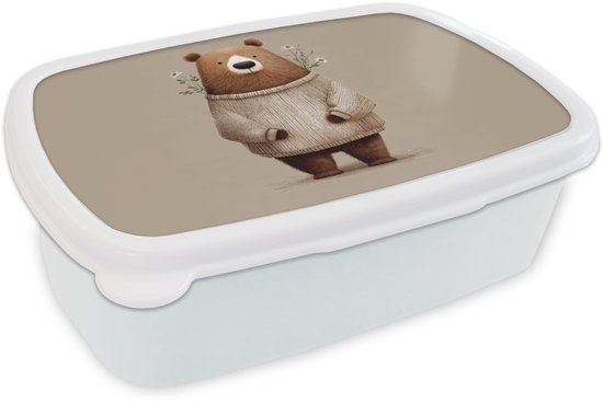 Broodtrommel Wit - Lunchbox Beer - Witte bloemen - Knus - Brooddoos 18x12x6 cm - Brood lunch box - Broodtrommels voor kinderen en volwassenen