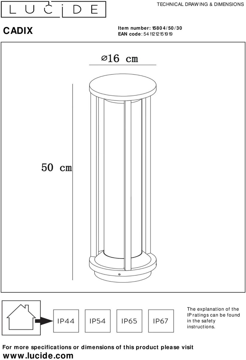 Lucide Cadix - Sokkellamp - Ø 16 cm - 1xE27 - IP65 - Zwart