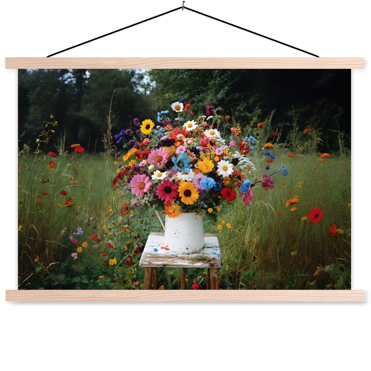 Posterhanger incl. Poster 90x60 cm - Schoolplaat - Bloemen - Krukje - Gieter - Veld - Text