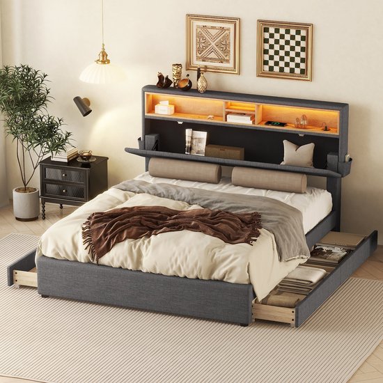 HAUSS SPOLE Tweepersoonsbedden 140x200 cm - Gestoffeerd Bed Met Opbergruimte En LED Verlichting - USB Type-C Oplaadfunctie - Linnen - Grijs