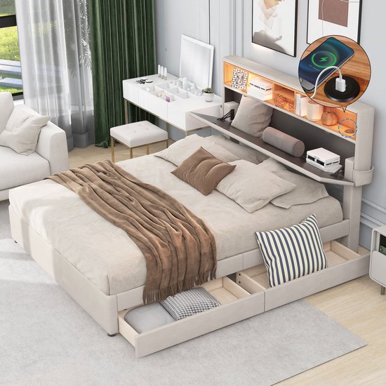 HAUSS SPOLE Tweepersoonsbedden 140x200 cm - Gestoffeerd Bed Met Opbergruimte En USB C-Oplaadfunctie - LED Verlichting - Linnen - Beige