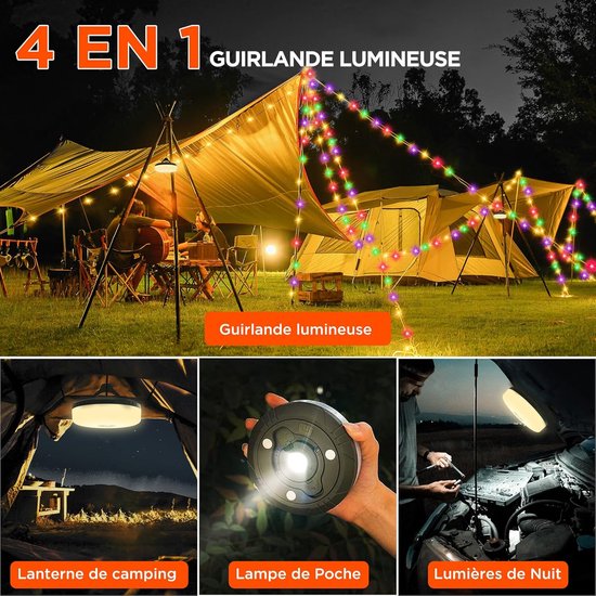 Campingverlichtingssnoer - Gekleurde lampjes - 4-in-1 draagbare oplaadbare buitenverlichtingssnoer - Waterdichte Draagbare Intrekbare Outdoor Solar String Lights - voor kamperen, tuin, wandelen, decoratie, Kerstmis - USB Oplaadbare Tent Lamp - 10 m — afbeelding 4