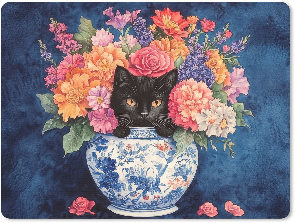 Muismat 23x19 cm - Mousepad Kat - Felgekleurde bloemen - Vaas - Muismatten