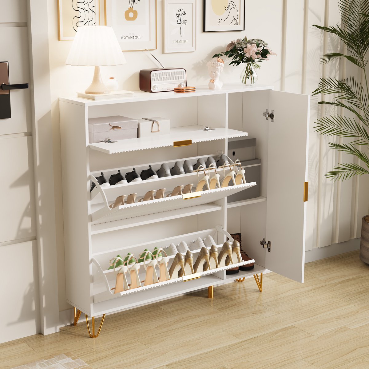 Stijlvol dressoir 110x114,5x24 cm in wit, met 2 klapdeuren en een extra deur. Met metalen poten, ideaal als schoenenkast of woonkamerkast