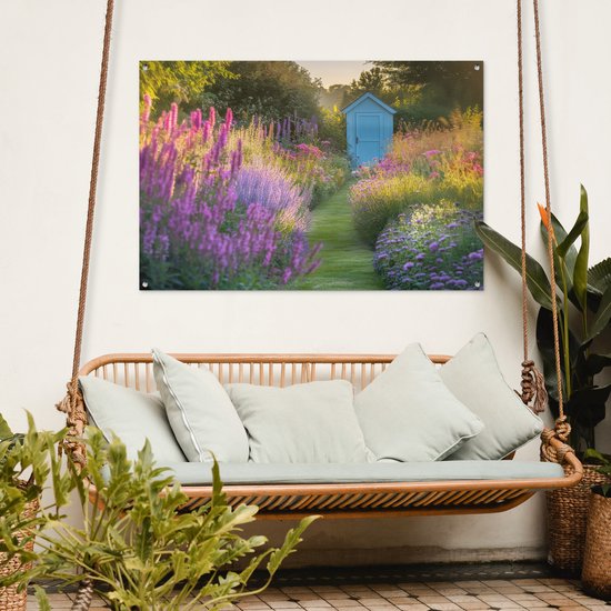 Affiche de jardin 120x80 cm - Décoration de jardin Maison de jardin - Blauw - Fleurs - Affiche pour le jardin - Décoration extérieure - Tableau de jardin clôture - Décoration murale en tissu de jardin - Décoration murale en tissu de balcon
