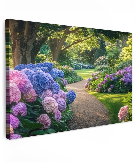 Tuinschilderij voor buiten 120x80 cm - Tuindecoratie Hortensia- Park - Pad - Tuinposter op canvas - Tuin muurdecoratie - Buitenschilderij decoratie - Schutting wanddecoratie - Buitencanvas
