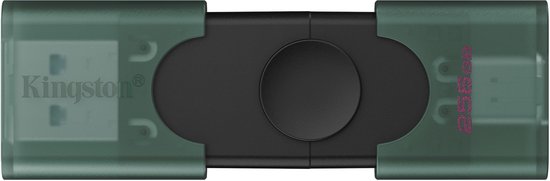 Transparant groene Kingston DataTraveler 256GB USB-stick met draaibare behuizing.