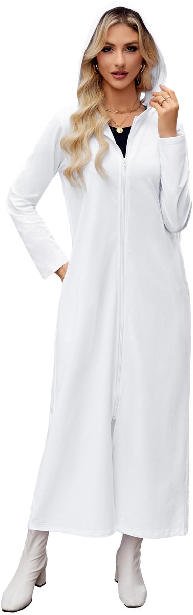 Dames Badjas - Lange Lichtgewicht Katoenen Ochtendjas met Ritssluiting en Capuchon - Comfortabel voor Thuis - Wit Maat S-M