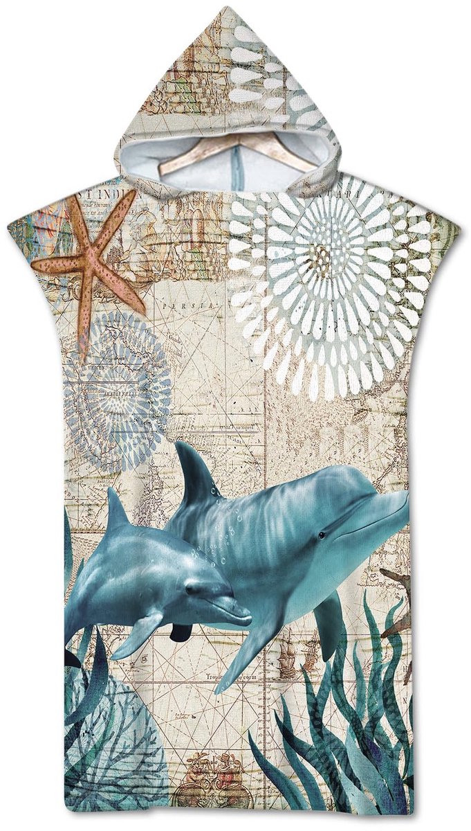 Strandponcho - Sneldrogend met Capuchon - Voor Volwassenen - Blauwe Onderwaterwereld Dierenprint - 75x110 cm