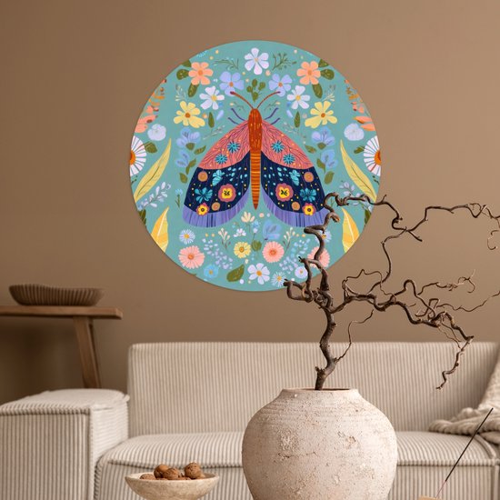 WallCircle® - Papier peint cercle 80x80 cm - Stickers muraux Papillon - Gracieux - Fleurs - Feuilles - Cercle mural salon - Cercle mural chambre - Décoration de chambre autocollante - Accessoires de Décoration murale