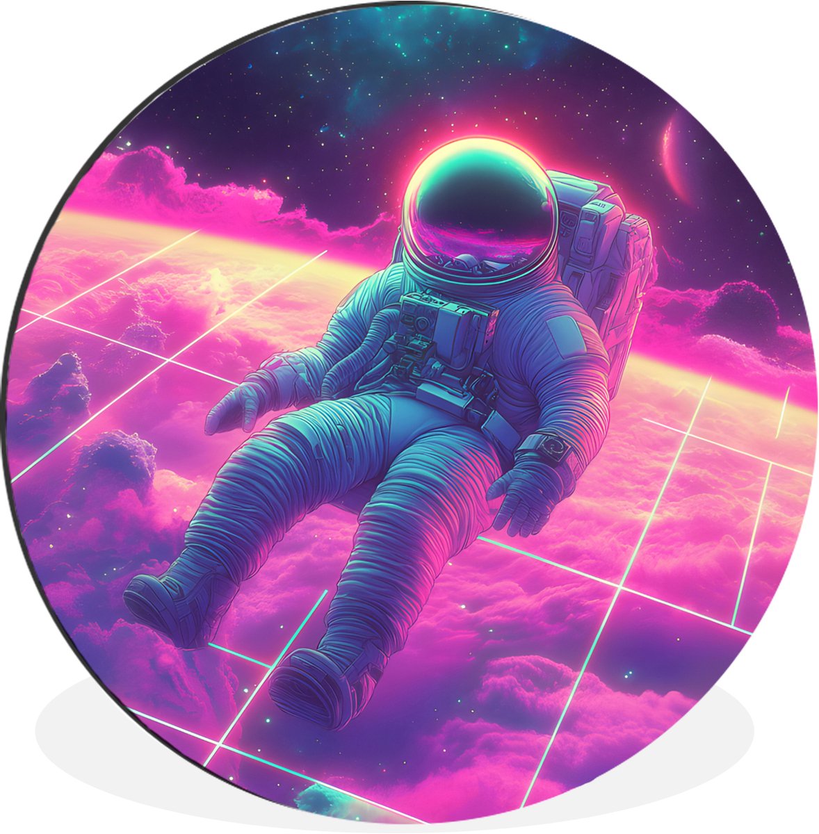 WallCircle Wandcirkel - Muurcirkel - Astronaut - Neon - Roze - Wolken - Aluminium - Dibond - 30x30 cm - Binnen en Buiten