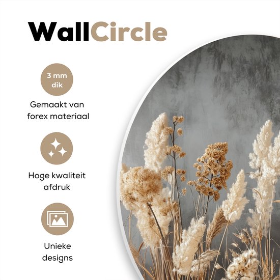 WallCircle® Wandcirkel 90x90 cm - Muurcirkel Gedroogde Veldbloemen - Grijs - Beton - Muurdecoratie woonkamer - Wanddecoratie slaapkamer - Kamer decoratie accessoires - Ronde schilderijen