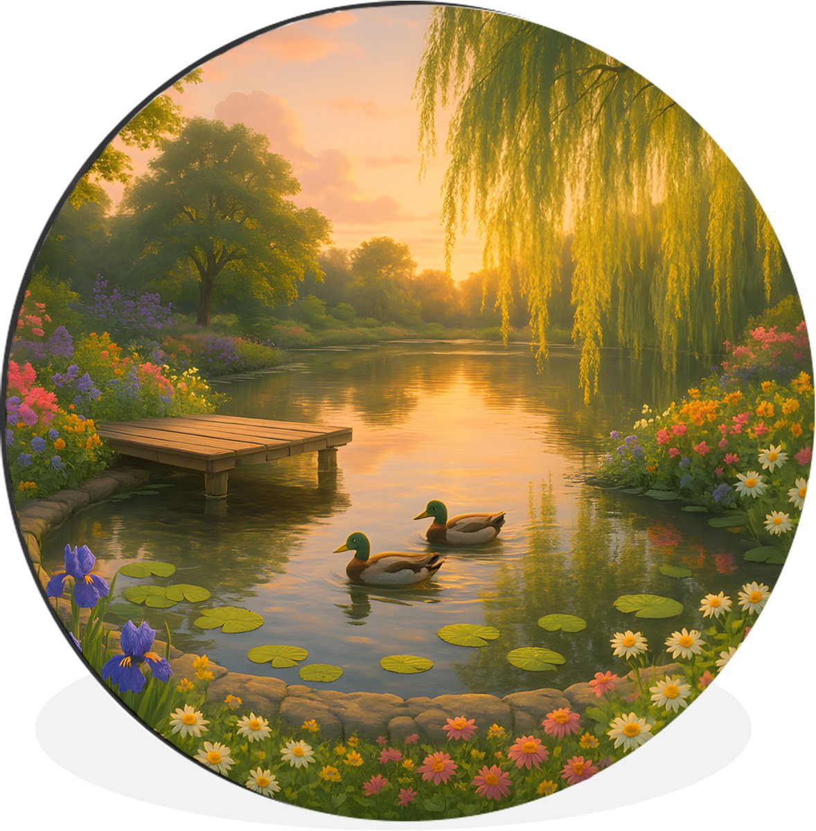 WallCircle Wandcirkel - Muurcirkel - Eenden - Vijver - Bloemen - Aluminium - Dibond - 30x30 cm - Binnen en Buiten