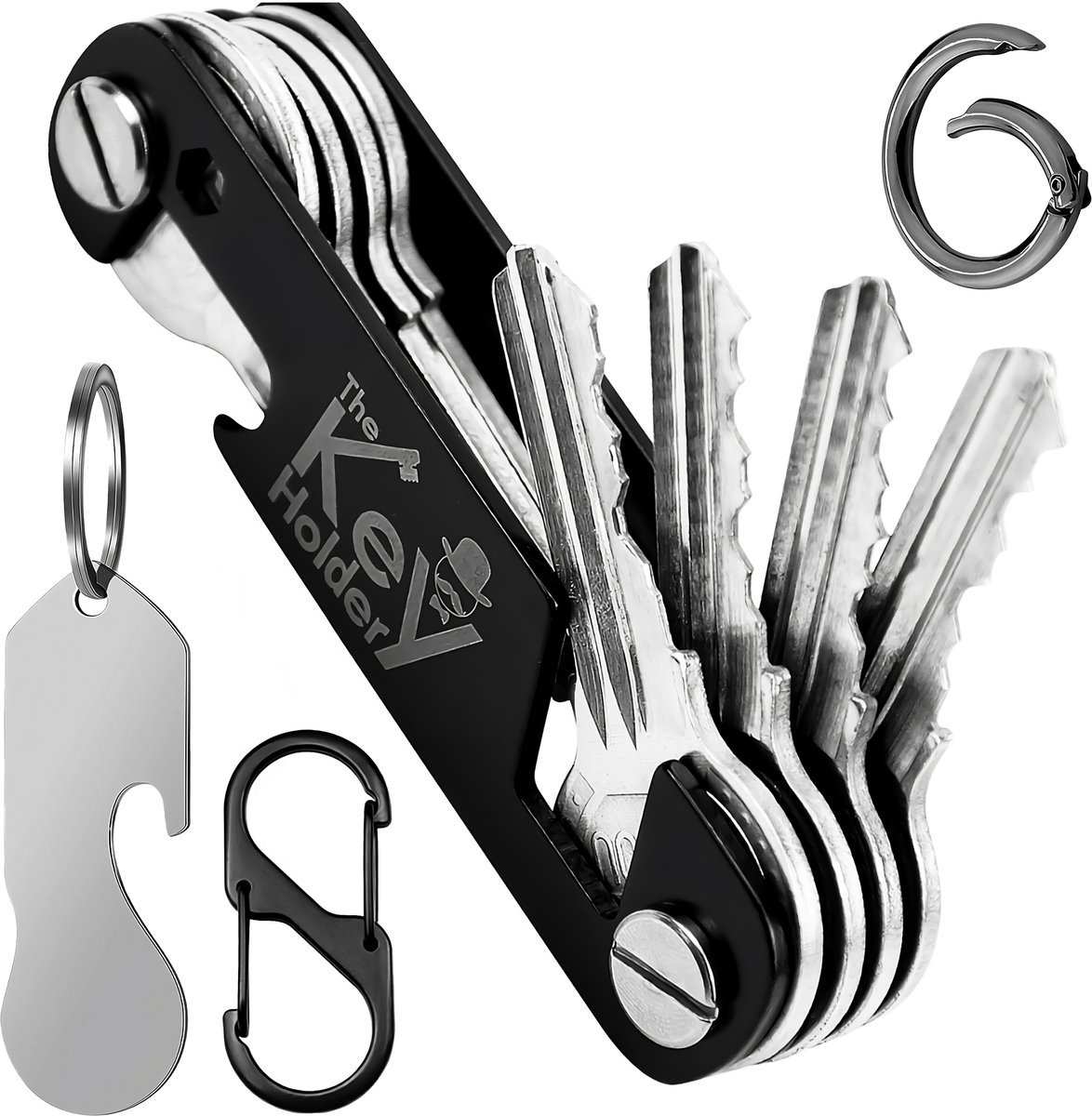 x2 KeyAmor Zwarte Sleutels Organizer Sleutelhanger met Karabijnhaken & Winkelwagenmunt Flesopener Multitool - Multifunctioneel Key Organizer - Musketon Keychain Holder - Sleutelhouder - Sleuteletui/Sleutelbos Opberger -Karabijnsluiting Sleutel Hanger
